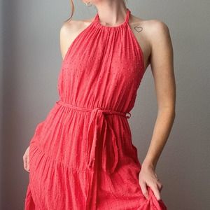 Dress Forum Coral Pink Swiss Dot  Open Back Tiered Maxi Halter Dress